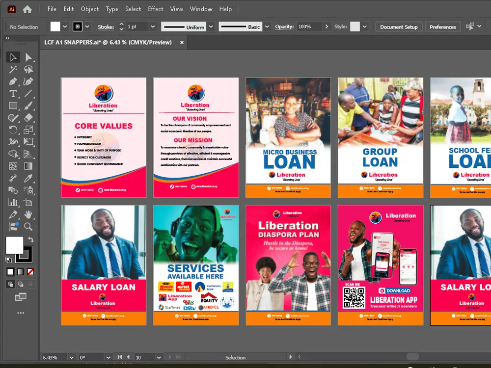 Illustrator artwork setup showing multiple Liberation Community Finance snapper frame layouts prepared for production.